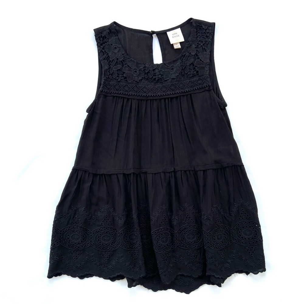 Knox Rose Boho Chic Black Sleeveless Tiered Tunic Blouse, Size S